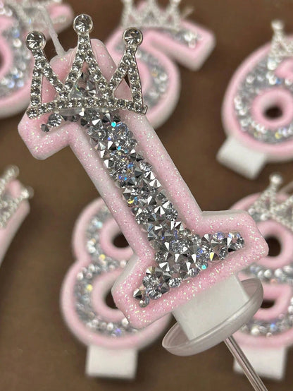 1pc Crown Crystal Silver-Pink Creative Number 0-9 Candles For Birthday Party Pink Glittering Number Birthday Candle With Silver Edge And Rhinestones