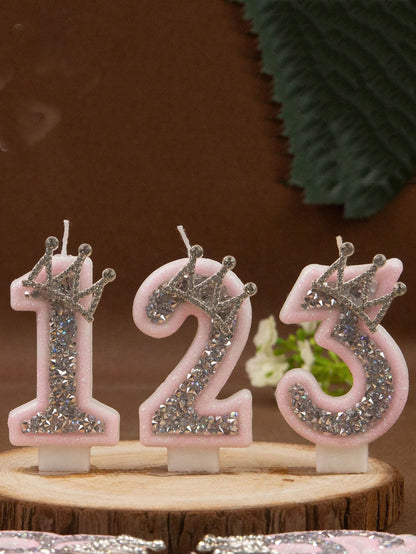 1pc Crown Crystal Silver-Pink Creative Number 0-9 Candles For Birthday Party Pink Glittering Number Birthday Candle With Silver Edge And Rhinestones