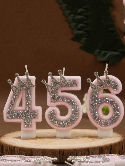 1pc Crown Crystal Silver-Pink Creative Number 0-9 Candles For Birthday Party Pink Glittering Number Birthday Candle With Silver Edge And Rhinestones
