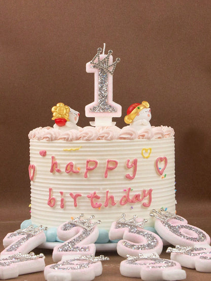 1pc Crown Crystal Silver-Pink Creative Number 0-9 Candles For Birthday Party Pink Glittering Number Birthday Candle With Silver Edge And Rhinestones