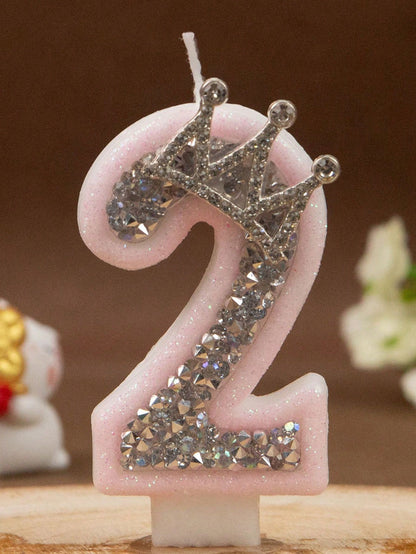 1pc Crown Crystal Silver-Pink Creative Number 0-9 Candles For Birthday Party Pink Glittering Number Birthday Candle With Silver Edge And Rhinestones