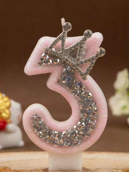 1pc Crown Crystal Silver-Pink Creative Number 0-9 Candles For Birthday Party Pink Glittering Number Birthday Candle With Silver Edge And Rhinestones