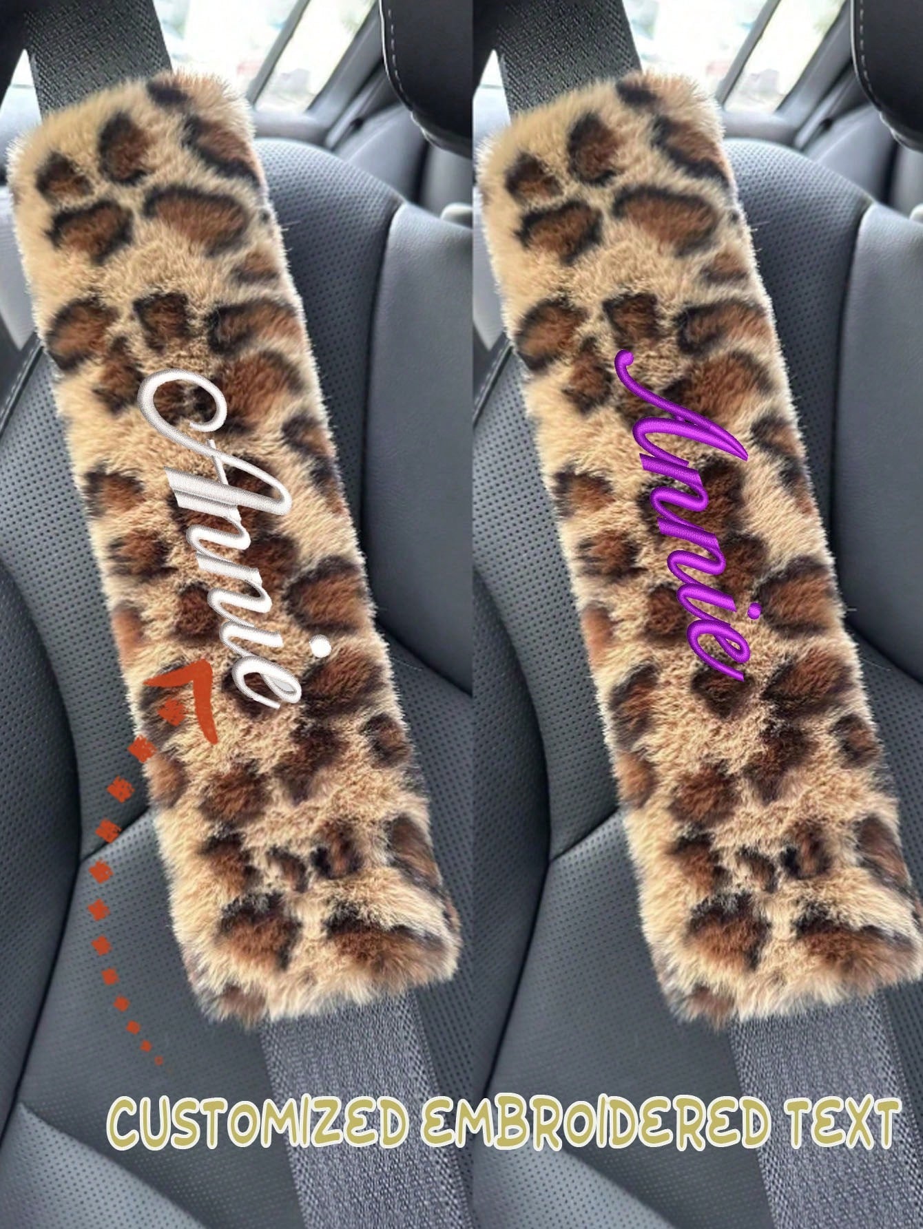 1pc Customized Embroidered Leopard Print Car Interior Plush Seat Belt Shoulder Pad, Comfortable Anti-Neck Anti-Friction Shoulder Protector Cover, Customized Car Gift, Gift For Friends And Family, Fath