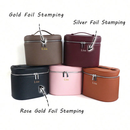1pc Customized Large-Capacity PU Leather Cosmetic Box With Inside Storage Organizer, Personalized Women Travel Makeup Case Cosmetic Bag With Handle, A Light Luxury Storage Insert Organizer, A Custom-M