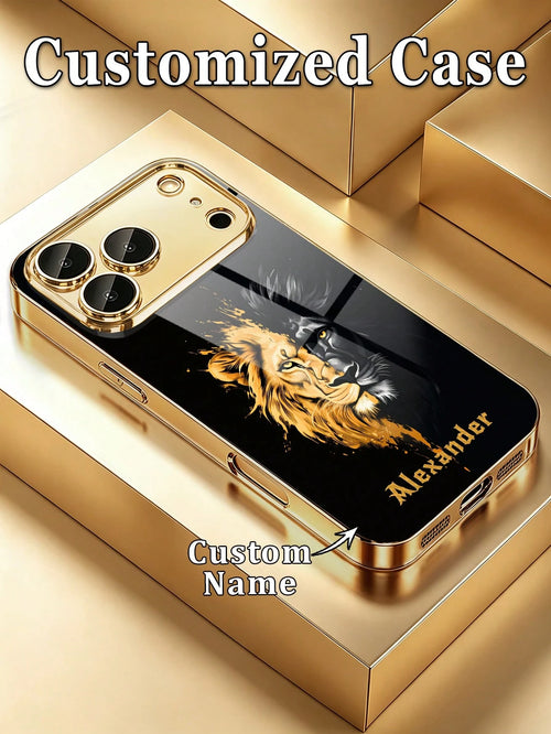1pc Customized Name Phone Case, Black Gold Lion Pattern, Electroplated Glass Phone Case Suitable For 17 Pro Max/16 Pro Max/15/14 Plus/13 Pro/12 Pro Max/11/Xs Max/8/7/6 Plus, Personalized Full Camera L