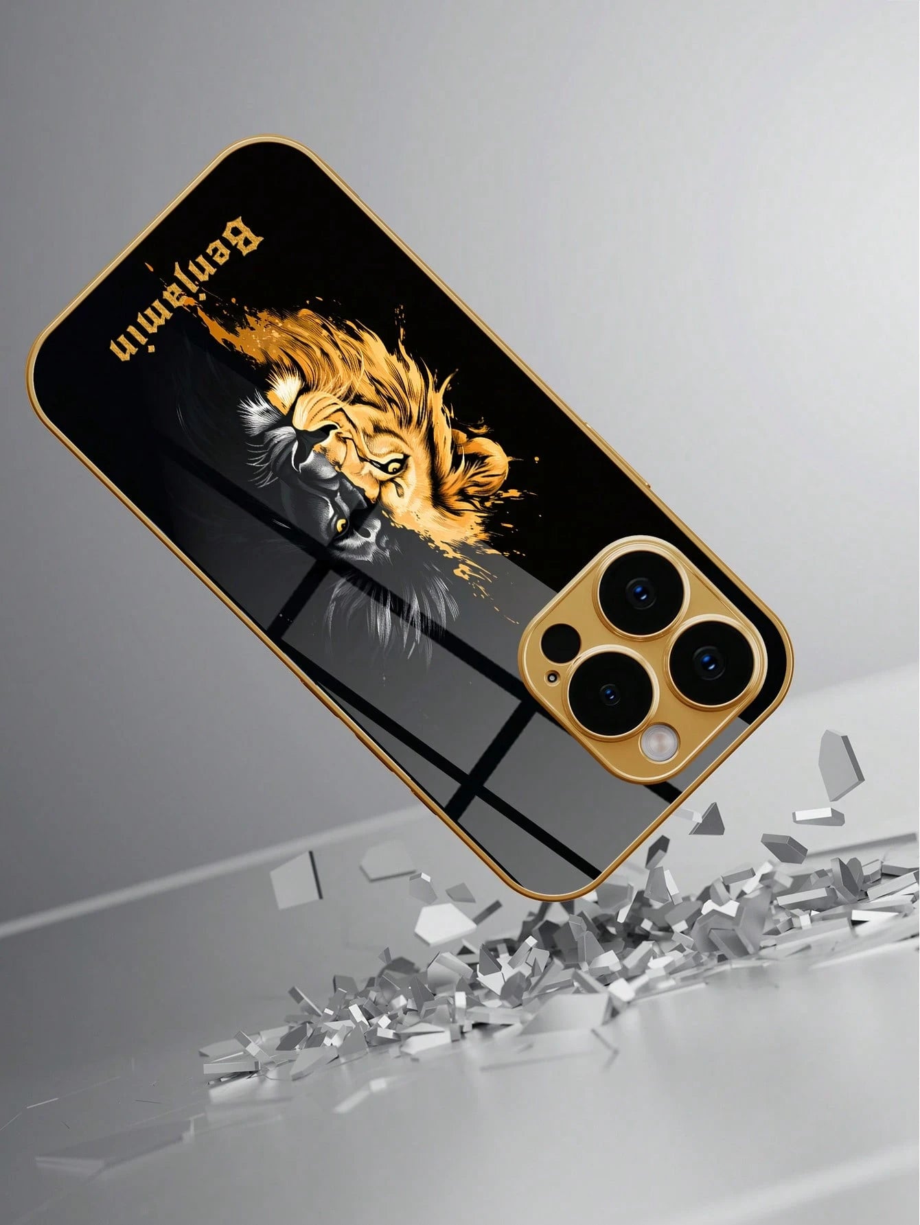 1pc Customized Name Phone Case, Black Gold Lion Pattern, Electroplated Glass Phone Case Suitable For 17 Pro Max/16 Pro Max/15/14 Plus/13 Pro/12 Pro Max/11/Xs Max/8/7/6 Plus, Personalized Full Camera L
