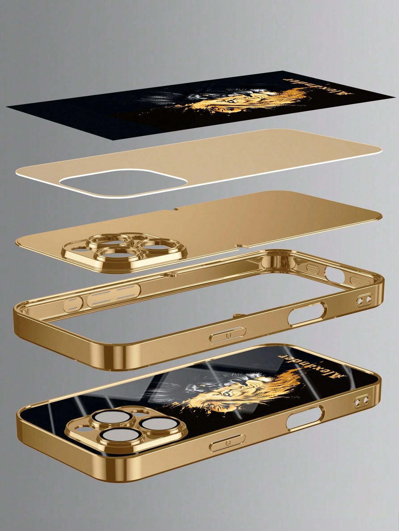 1pc Customized Name Phone Case, Black Gold Lion Pattern, Electroplated Glass Phone Case Suitable For 17 Pro Max/16 Pro Max/15/14 Plus/13 Pro/12 Pro Max/11/Xs Max/8/7/6 Plus, Personalized Full Camera L