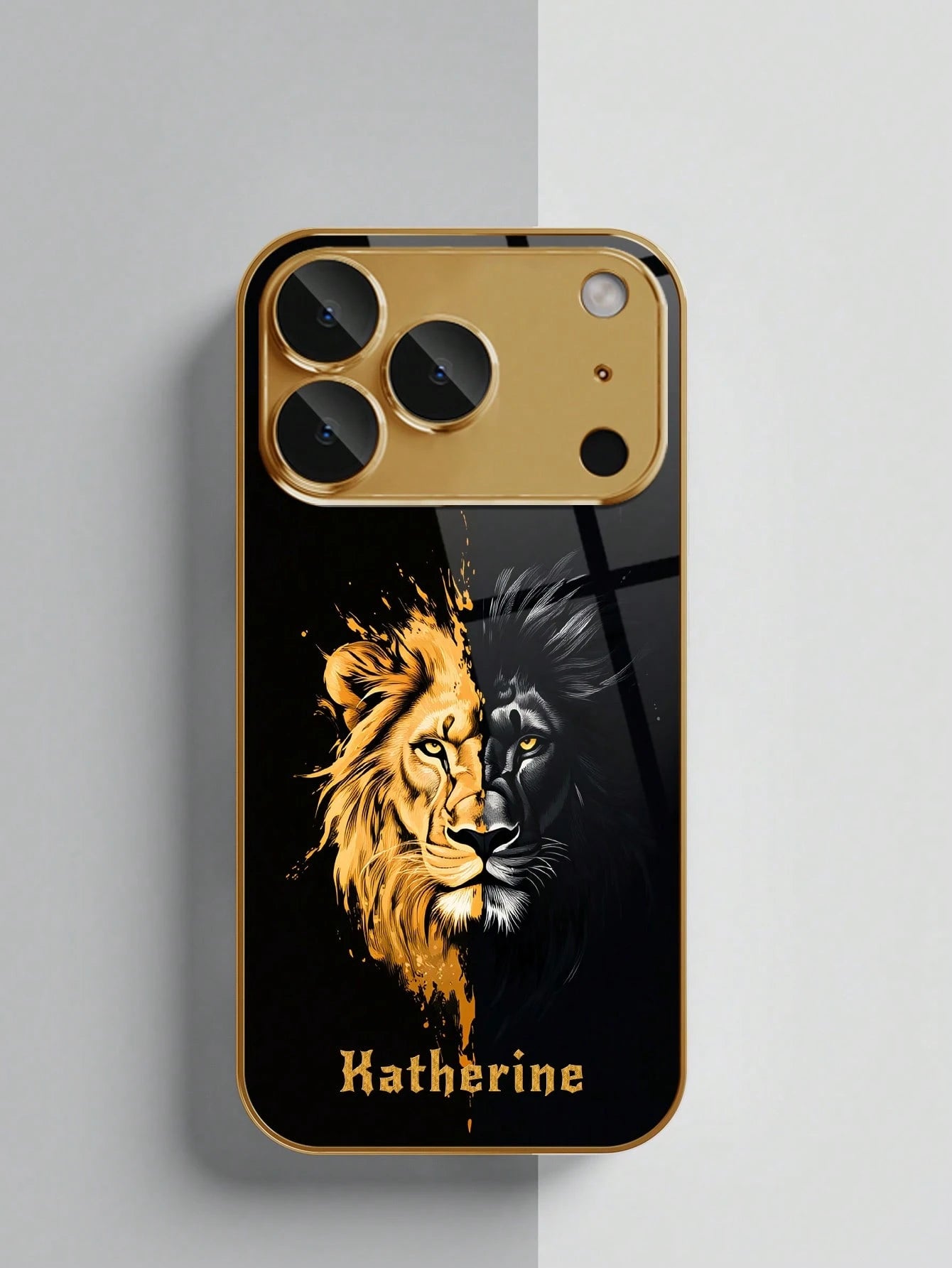 1pc Customized Name Phone Case, Black Gold Lion Pattern, Electroplated Glass Phone Case Suitable For 17 Pro Max/16 Pro Max/15/14 Plus/13 Pro/12 Pro Max/11/Xs Max/8/7/6 Plus, Personalized Full Camera L