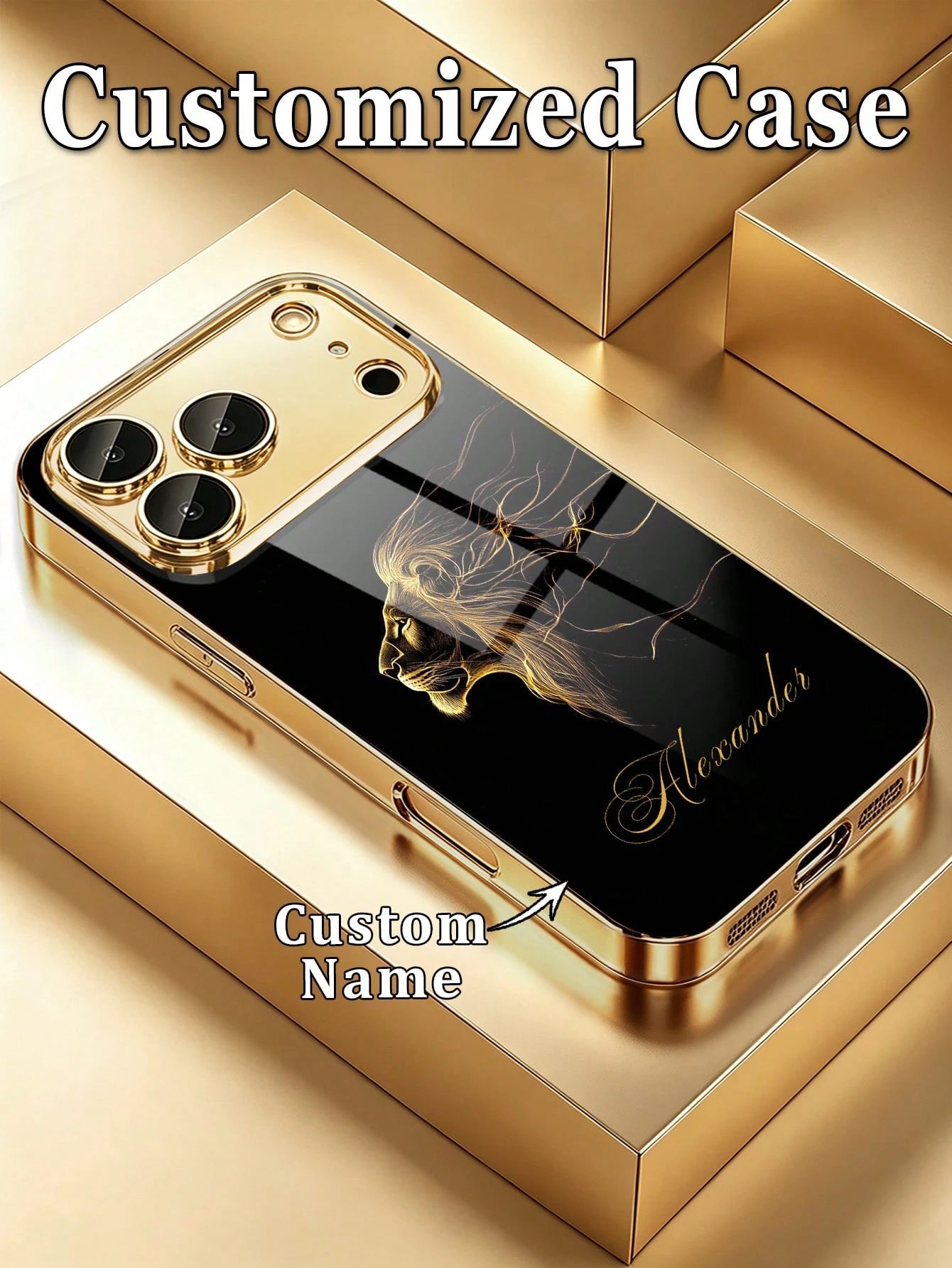 1pc Customized Name Phone Case, Black Gold Lion Pattern, Electroplated Glass Phone Case Suitable For 17 Pro Max/16 Pro Max/15/14 Plus/13 Pro/12 Pro Max/11/Xs Max/8/7/6 Plus, Personalized Full Camera L