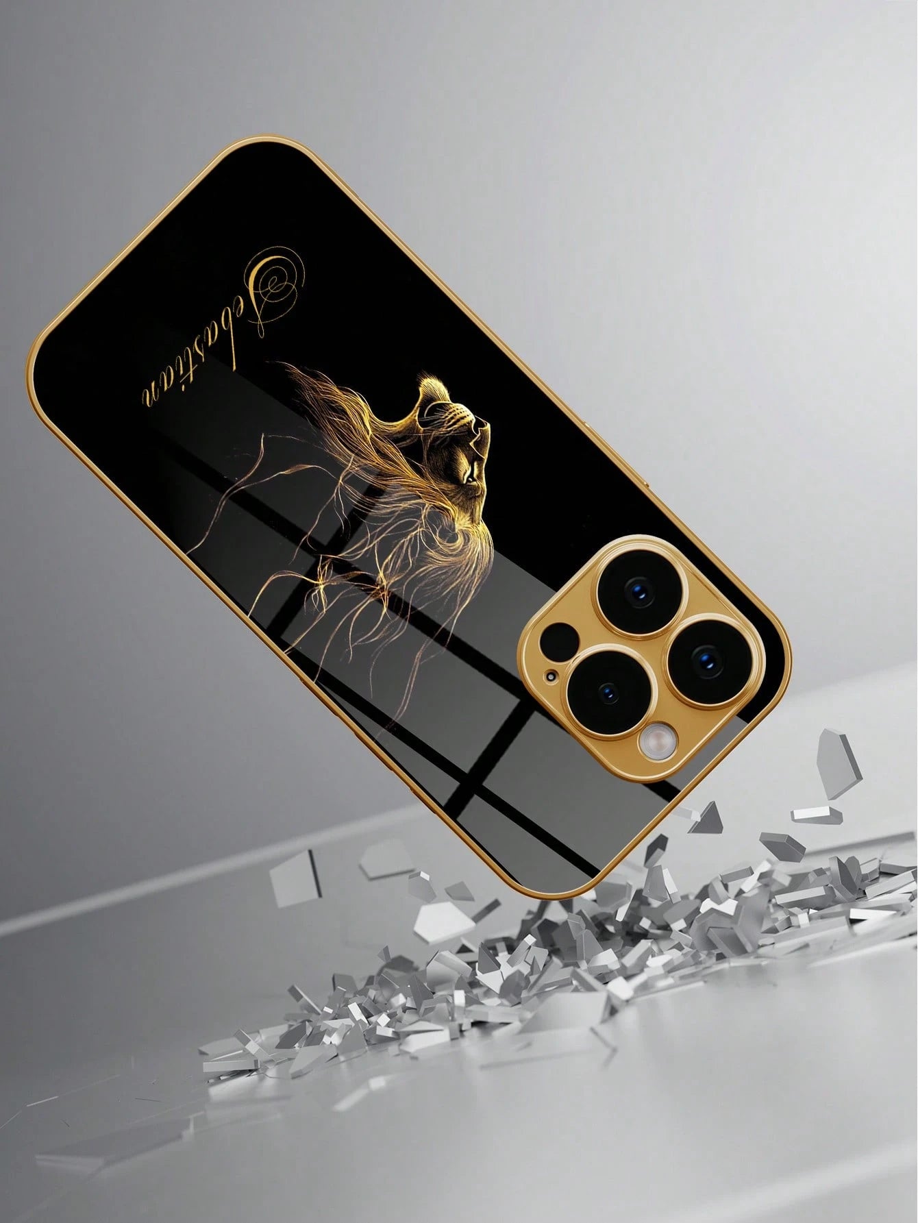 1pc Customized Name Phone Case, Black Gold Lion Pattern, Electroplated Glass Phone Case Suitable For 17 Pro Max/16 Pro Max/15/14 Plus/13 Pro/12 Pro Max/11/Xs Max/8/7/6 Plus, Personalized Full Camera L