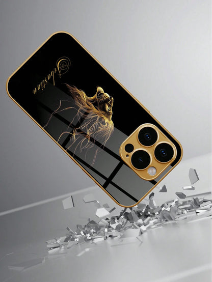 1pc Customized Name Phone Case, Black Gold Lion Pattern, Electroplated Glass Phone Case Suitable For 17 Pro Max/16 Pro Max/15/14 Plus/13 Pro/12 Pro Max/11/Xs Max/8/7/6 Plus, Personalized Full Camera L