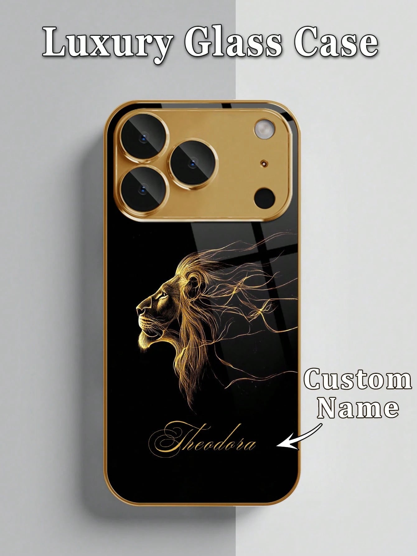 1pc Customized Name Phone Case, Black Gold Lion Pattern, Electroplated Glass Phone Case Suitable For 17 Pro Max/16 Pro Max/15/14 Plus/13 Pro/12 Pro Max/11/Xs Max/8/7/6 Plus, Personalized Full Camera L