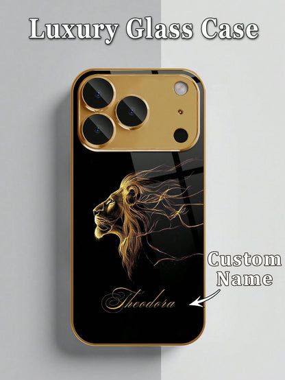 1pc Customized Name Phone Case, Black Gold Lion Pattern, Electroplated Glass Phone Case Suitable For 17 Pro Max/16 Pro Max/15/14 Plus/13 Pro/12 Pro Max/11/Xs Max/8/7/6 Plus, Personalized Full Camera L