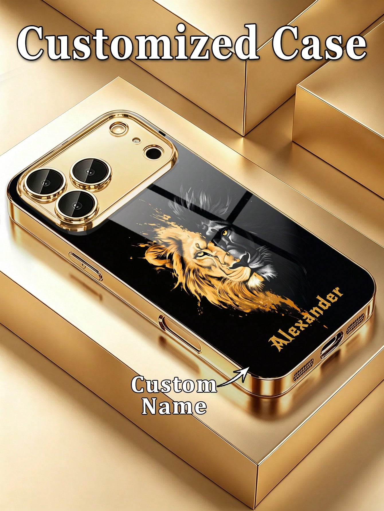 1pc Customized Name Phone Case, Black Gold Lion Pattern, Electroplated Glass Phone Case Suitable For 17 Pro Max/16 Pro Max/15/14 Plus/13 Pro/12 Pro Max/11/Xs Max/8/7/6 Plus, Personalized Full Camera L