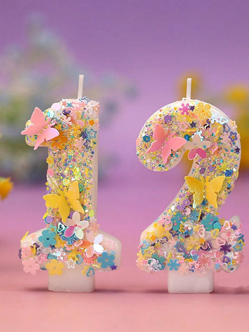 1pc Cute Floral And Butterflies Design Sparkling Sequin Number 0-9 Candle Colorful Handmade Number Birthday Candles Perfect For Child Birthday