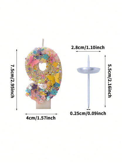 1pc Cute Floral And Butterflies Design Sparkling Sequin Number 0-9 Candle Colorful Handmade Number Birthday Candles Perfect For Child Birthday