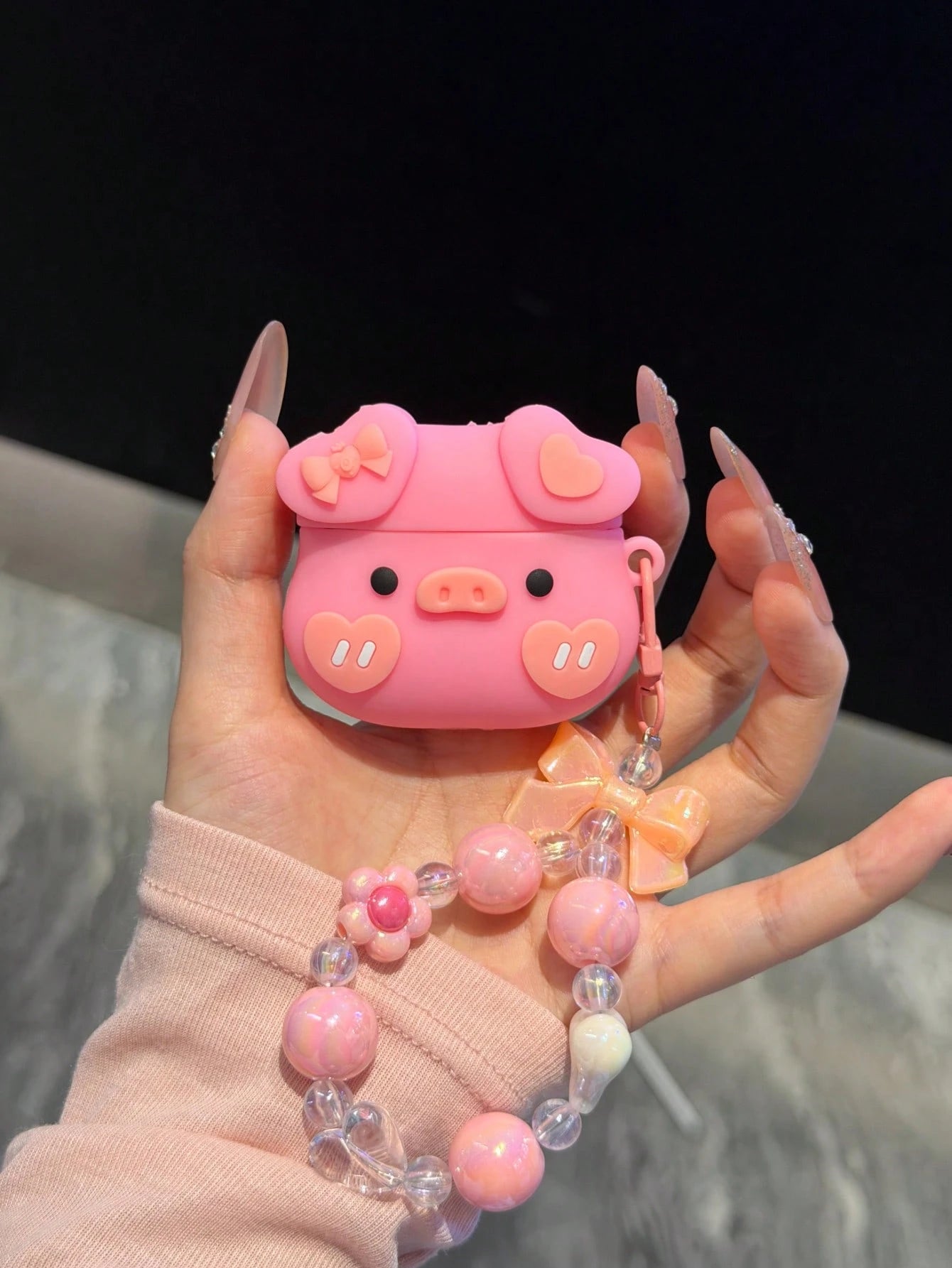 1pc Cute Pink Silicone Heart Bowknot Pig Bluetooth Earphone Protective Case With Lanyard