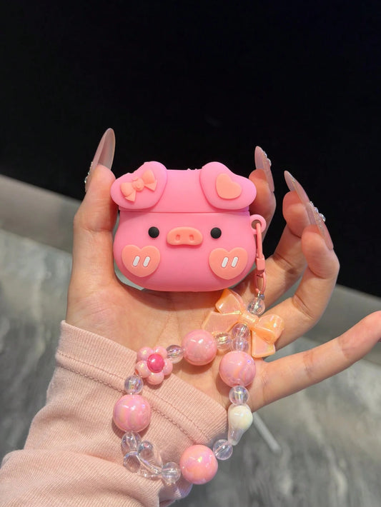 1pc Cute Pink Silicone Heart Bowknot Pig Bluetooth Earphone Protective Case With Lanyard