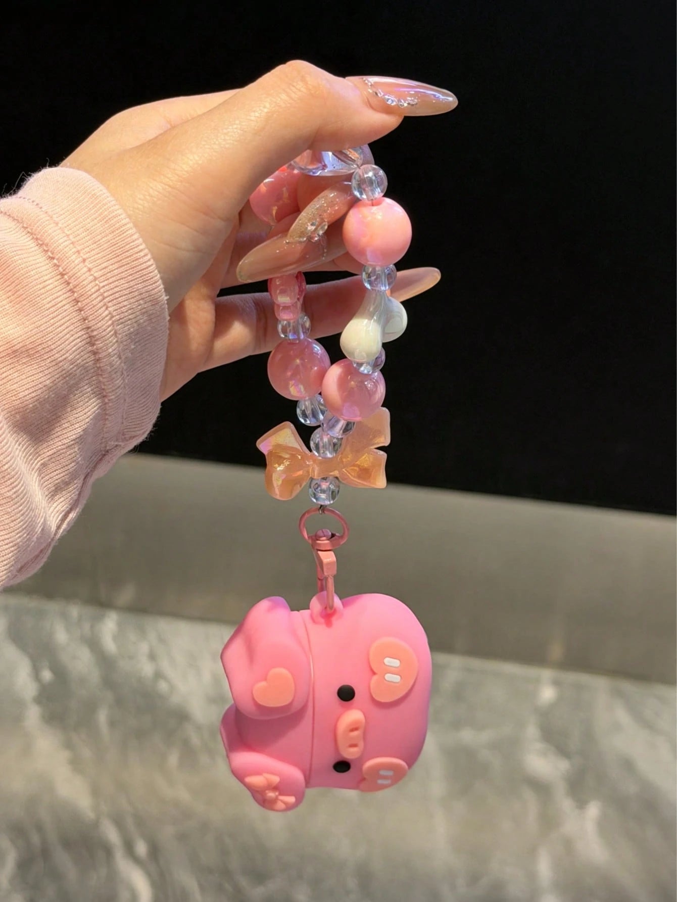 1pc Cute Pink Silicone Heart Bowknot Pig Bluetooth Earphone Protective Case With Lanyard