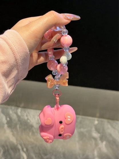 1pc Cute Pink Silicone Heart Bowknot Pig Bluetooth Earphone Protective Case With Lanyard