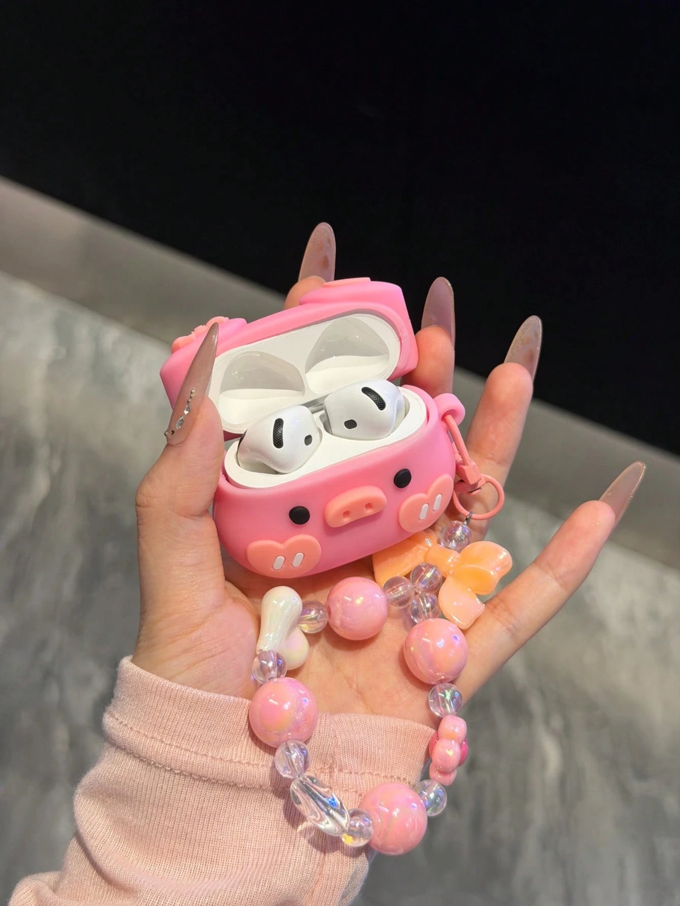 1pc Cute Pink Silicone Heart Bowknot Pig Bluetooth Earphone Protective Case With Lanyard