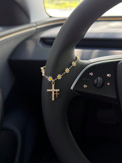 1pc Daisy Cross Car Steering Wheel Chain, Gold-Plated Crystal Rhinestone Pendant, Cute Flower Cross Steering Wheel Decoration, Shiny Car Interior Accessory, Suitable For Women And Girls, Religious Chr