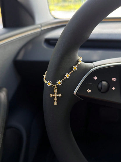 1pc Daisy Cross Car Steering Wheel Chain, Gold-Plated Crystal Rhinestone Pendant, Cute Flower Cross Steering Wheel Decoration, Shiny Car Interior Accessory, Suitable For Women And Girls, Religious Chr