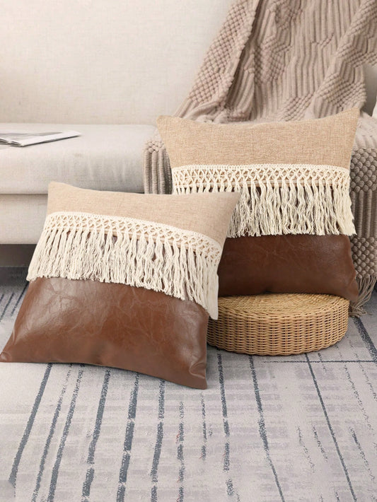 1pc Decorative Pillow Cover With Contrast Color Patchwork And Tassel Design, Pillow Insert Not Included