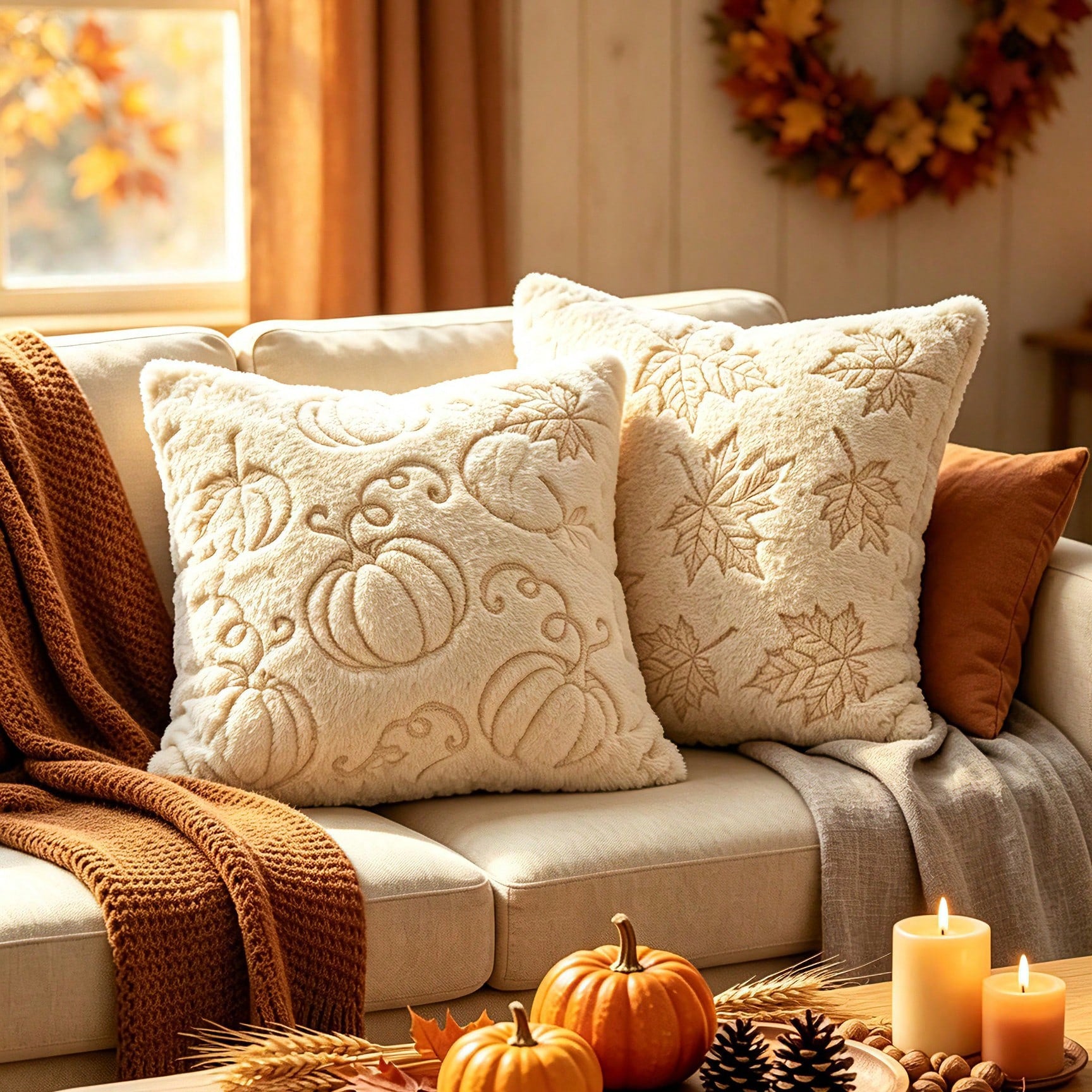 1pc Fall Pillow Covers Fall Maple Leafs Decorations Autumn Pumpkin Throw Pillow Cases Soft Plush Faux Fur Wool Couch Cushion Case For Chair Sofa Living Room Home Decor