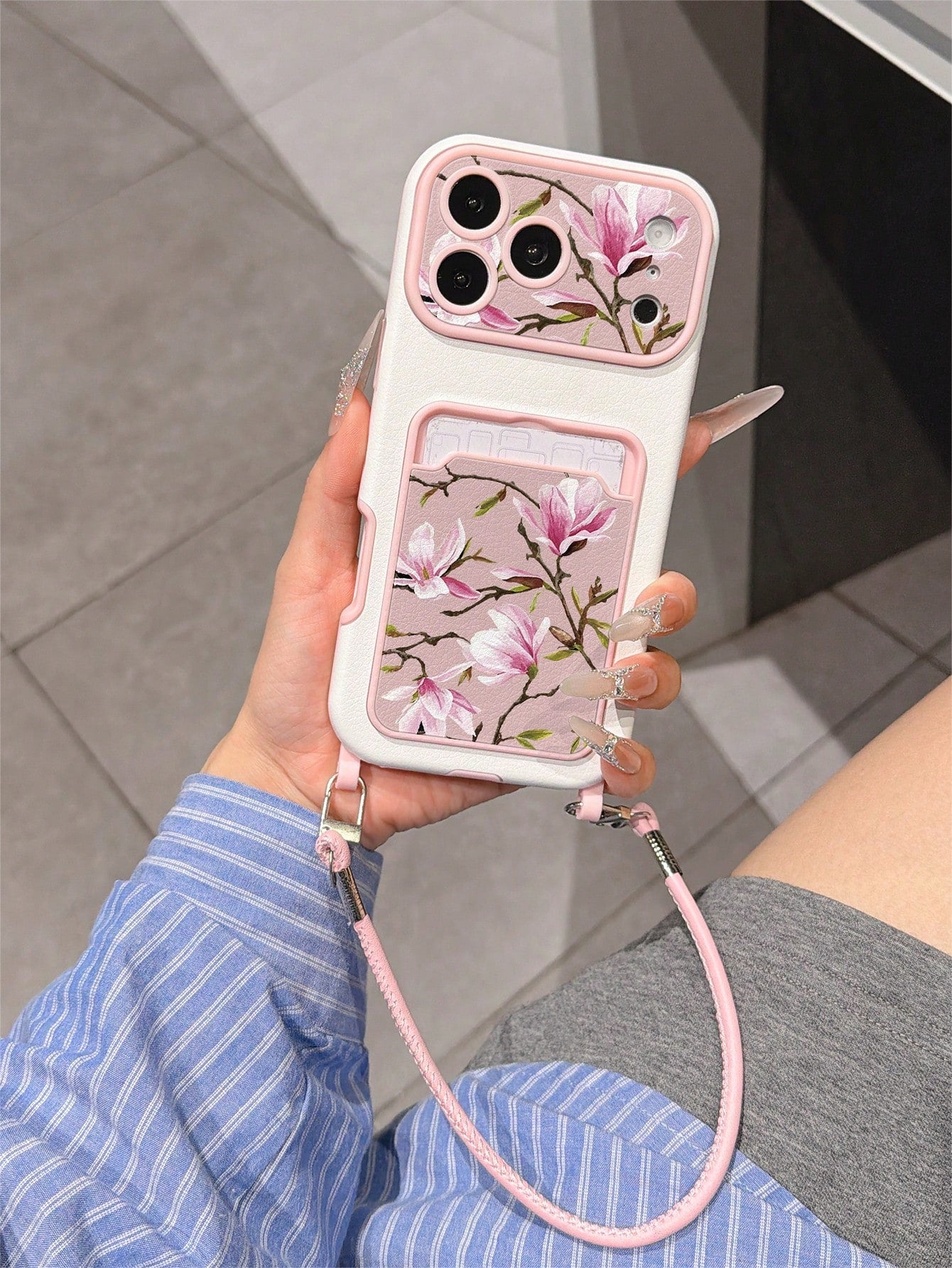 1pc Fashionable Personalized Full Screen Pink Floral & Branch Pattern, Fashion Card Holder Lanyard TPU Material Anti-Drop Protective Phone Case, Can Be Used As Holiday Gift, Compatible With Apple 11/1