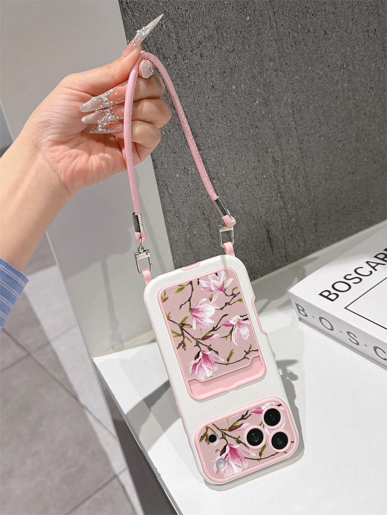 1pc Fashionable Personalized Full Screen Pink Floral & Branch Pattern, Fashion Card Holder Lanyard TPU Material Anti-Drop Protective Phone Case, Can Be Used As Holiday Gift, Compatible With Apple 11/1