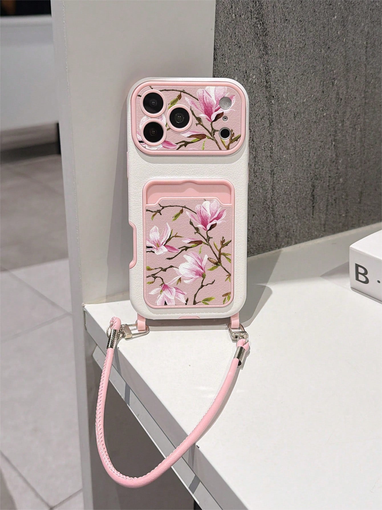 1pc Fashionable Personalized Full Screen Pink Floral & Branch Pattern, Fashion Card Holder Lanyard TPU Material Anti-Drop Protective Phone Case, Can Be Used As Holiday Gift, Compatible With Apple 11/1