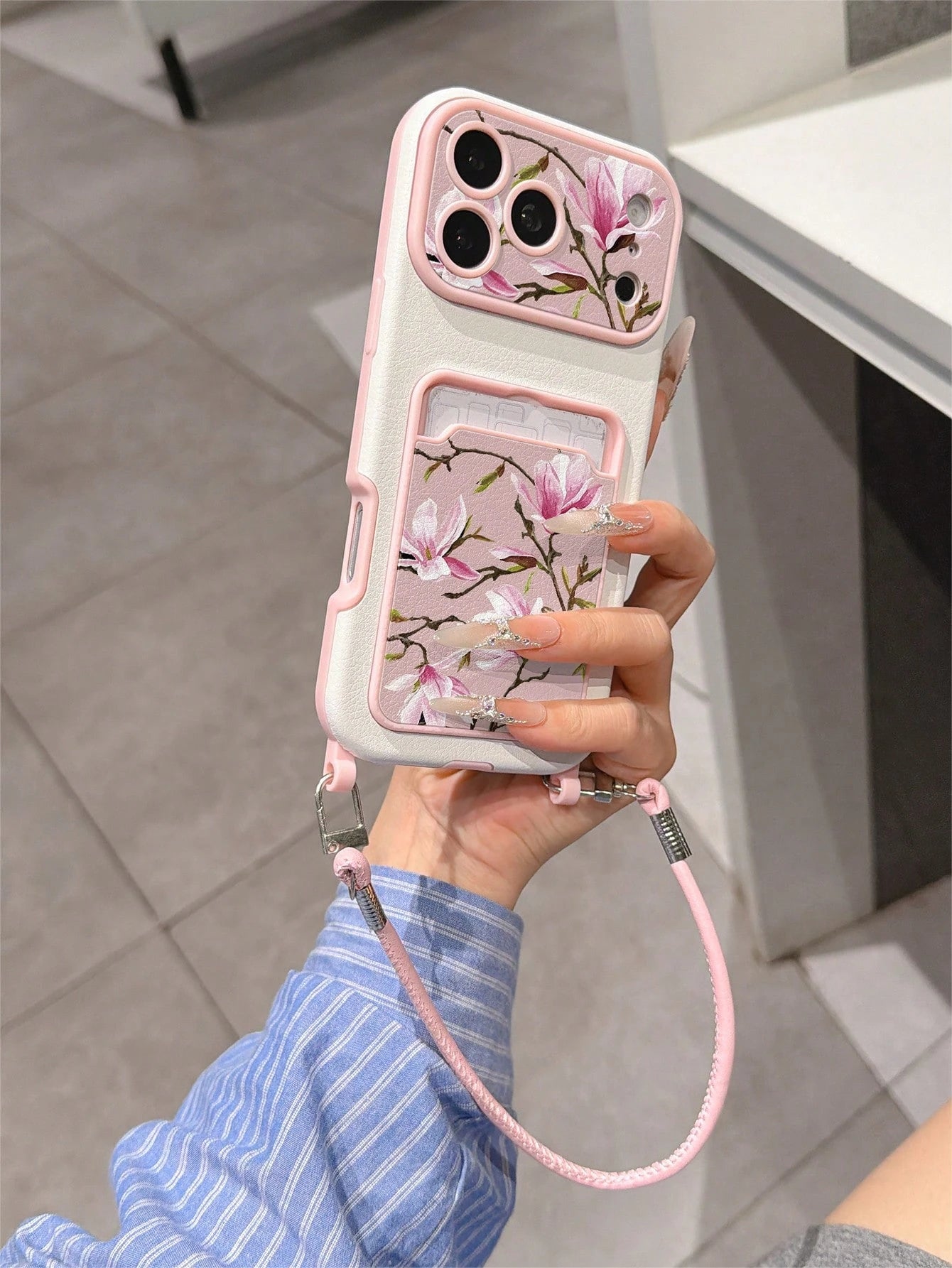 1pc Fashionable Personalized Full Screen Pink Floral & Branch Pattern, Fashion Card Holder Lanyard TPU Material Anti-Drop Protective Phone Case, Can Be Used As Holiday Gift, Compatible With Apple 11/1