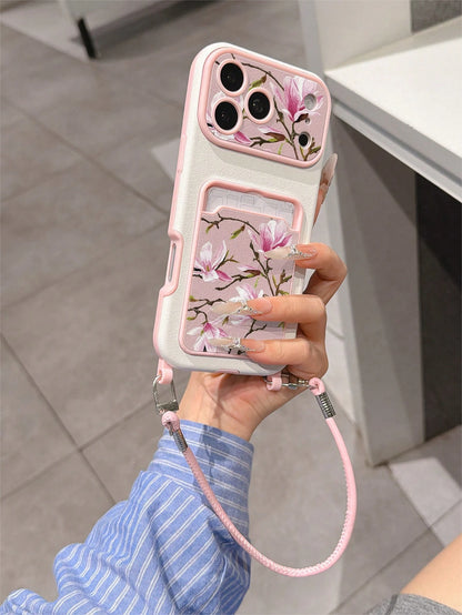 1pc Fashionable Personalized Full Screen Pink Floral & Branch Pattern, Fashion Card Holder Lanyard TPU Material Anti-Drop Protective Phone Case, Can Be Used As Holiday Gift, Compatible With Apple 11/1