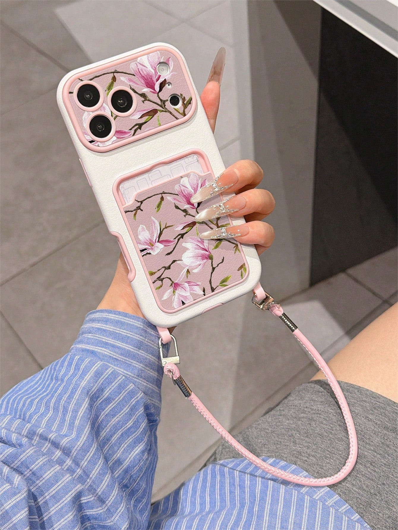 1pc Fashionable Personalized Full Screen Pink Floral & Branch Pattern, Fashion Card Holder Lanyard TPU Material Anti-Drop Protective Phone Case, Can Be Used As Holiday Gift, Compatible With Apple 11/1