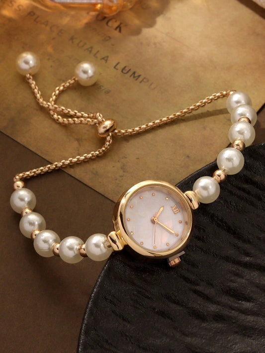 1pc Fashionable & Sweet Women's Watch, Versatile Round Dial, Pearl Chain Strap, Suitable For Holidays, Parties, Weddings, Back To School, Christmas, Thanksgiving, Halloween, Easter And Other Occasions