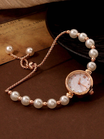 1pc Fashionable & Sweet Women's Watch, Versatile Round Dial, Pearl Chain Strap, Suitable For Holidays, Parties, Weddings, Back To School, Christmas, Thanksgiving, Halloween, Easter And Other Occasions