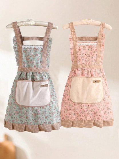 1pc Floral Print Bib Apron – Oil And Stain-Resistant Princess-Style Apron With Pockets And Lace Details; Vintage-Style Floral Kitchen Apron For Women – Perfect For Cleaning The Kitchen, Living Room, O