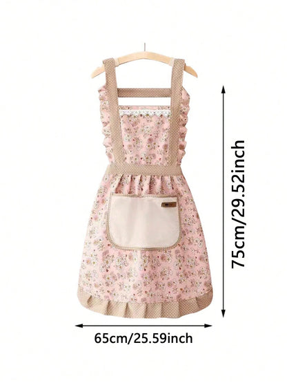 1pc Floral Print Bib Apron – Oil And Stain-Resistant Princess-Style Apron With Pockets And Lace Details; Vintage-Style Floral Kitchen Apron For Women – Perfect For Cleaning The Kitchen, Living Room, O