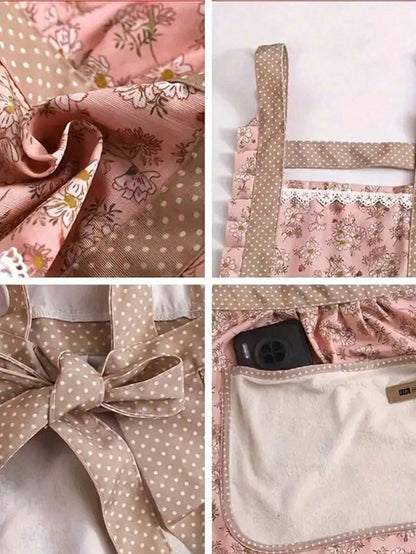 1pc Floral Print Bib Apron – Oil And Stain-Resistant Princess-Style Apron With Pockets And Lace Details; Vintage-Style Floral Kitchen Apron For Women – Perfect For Cleaning The Kitchen, Living Room, O