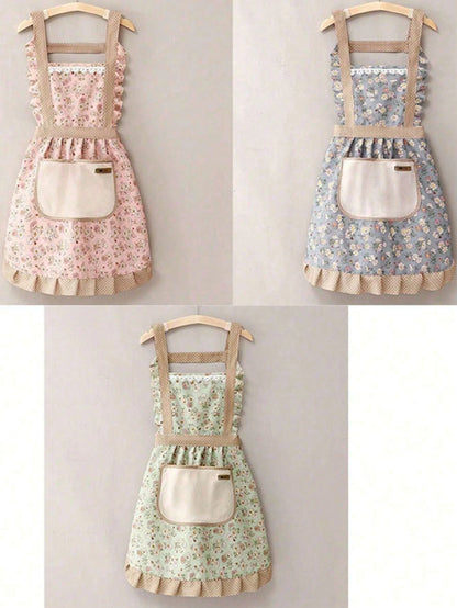 1pc Floral Print Bib Apron – Oil And Stain-Resistant Princess-Style Apron With Pockets And Lace Details; Vintage-Style Floral Kitchen Apron For Women – Perfect For Cleaning The Kitchen, Living Room, O