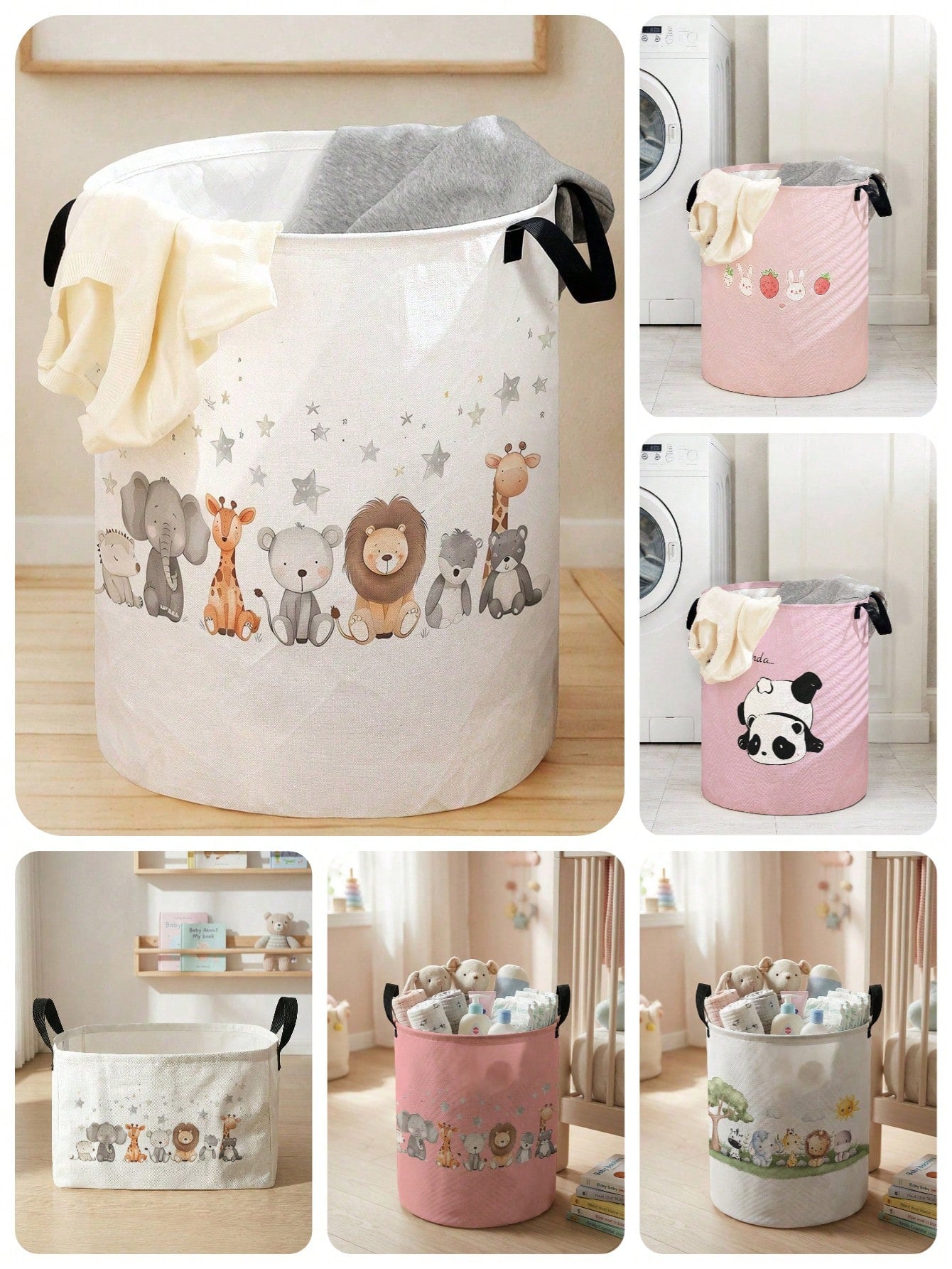 1pc Foldable Round Storage Basket With Handles, Cute Animal Pattern, Large Capacity Multi-Purpose Storage Bin For Nursery, Baby Diaper, Clothes, Toys And Accessories Organization