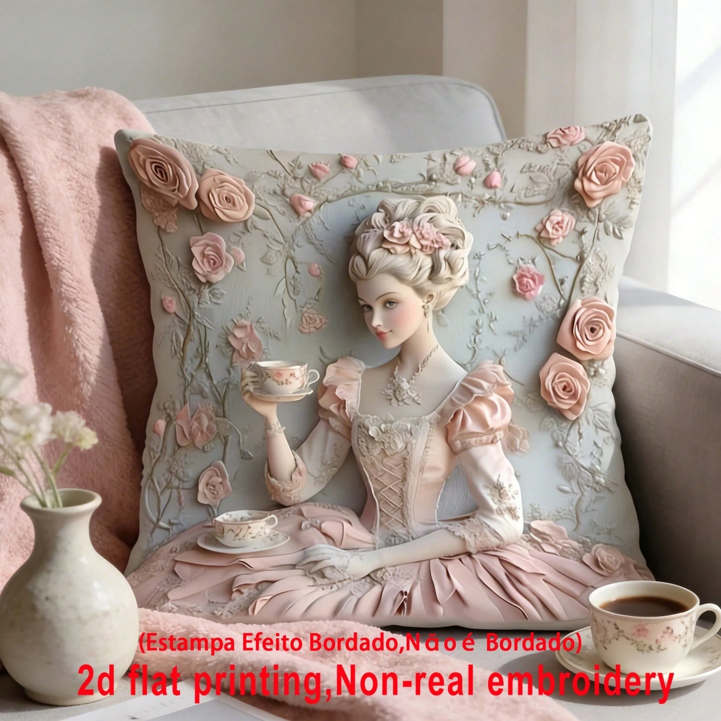1pc French Retro Girl Cushion Cover, Palace Style 3D Embossed Rose Faux Embroidery Pillow Case, 2D Printing Not Embroidered, Atmospheric Home Decor Pillow, Bedroom Living Room Sofa Decoration