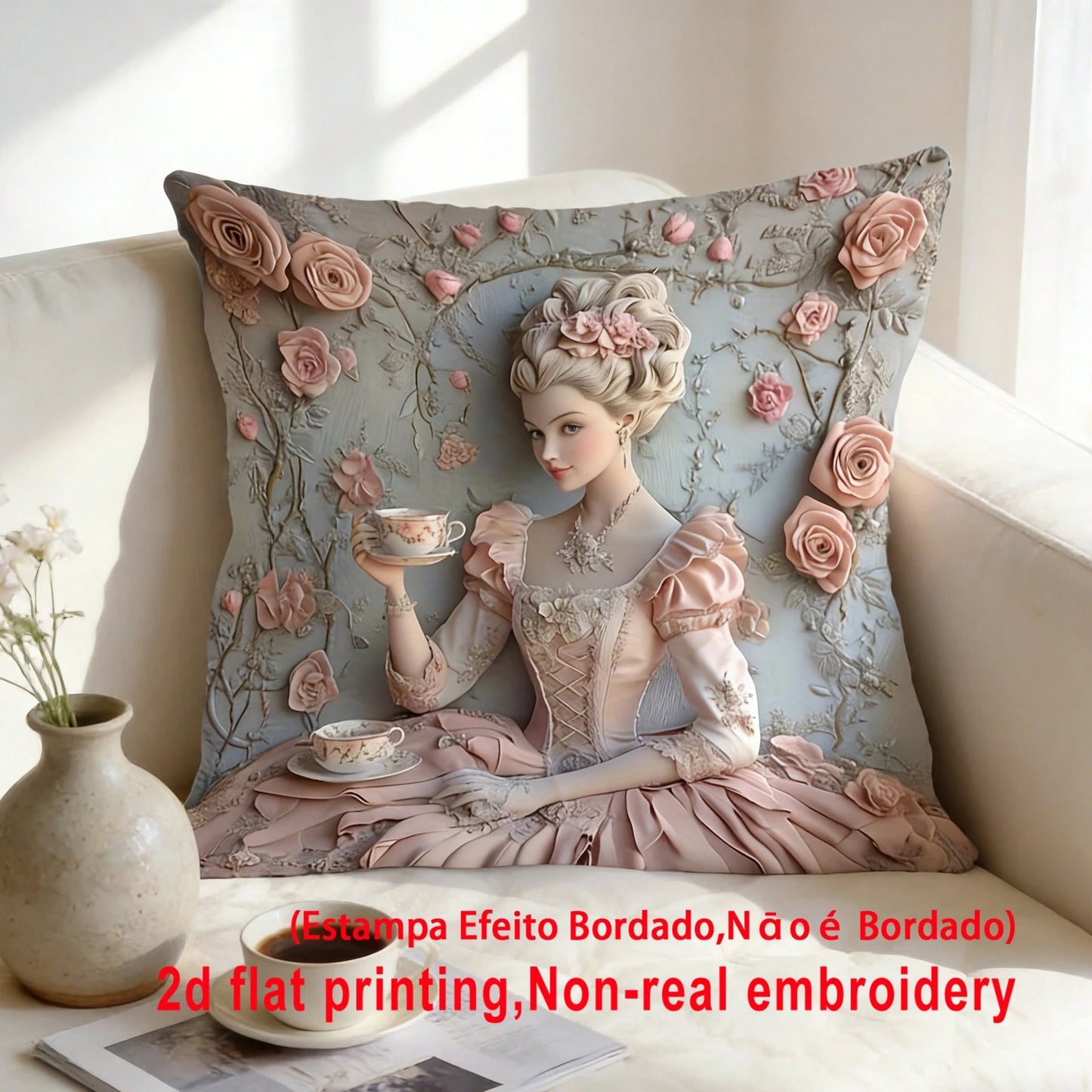 1pc French Retro Girl Cushion Cover, Palace Style 3D Embossed Rose Faux Embroidery Pillow Case, 2D Printing Not Embroidered, Atmospheric Home Decor Pillow, Bedroom Living Room Sofa Decoration
