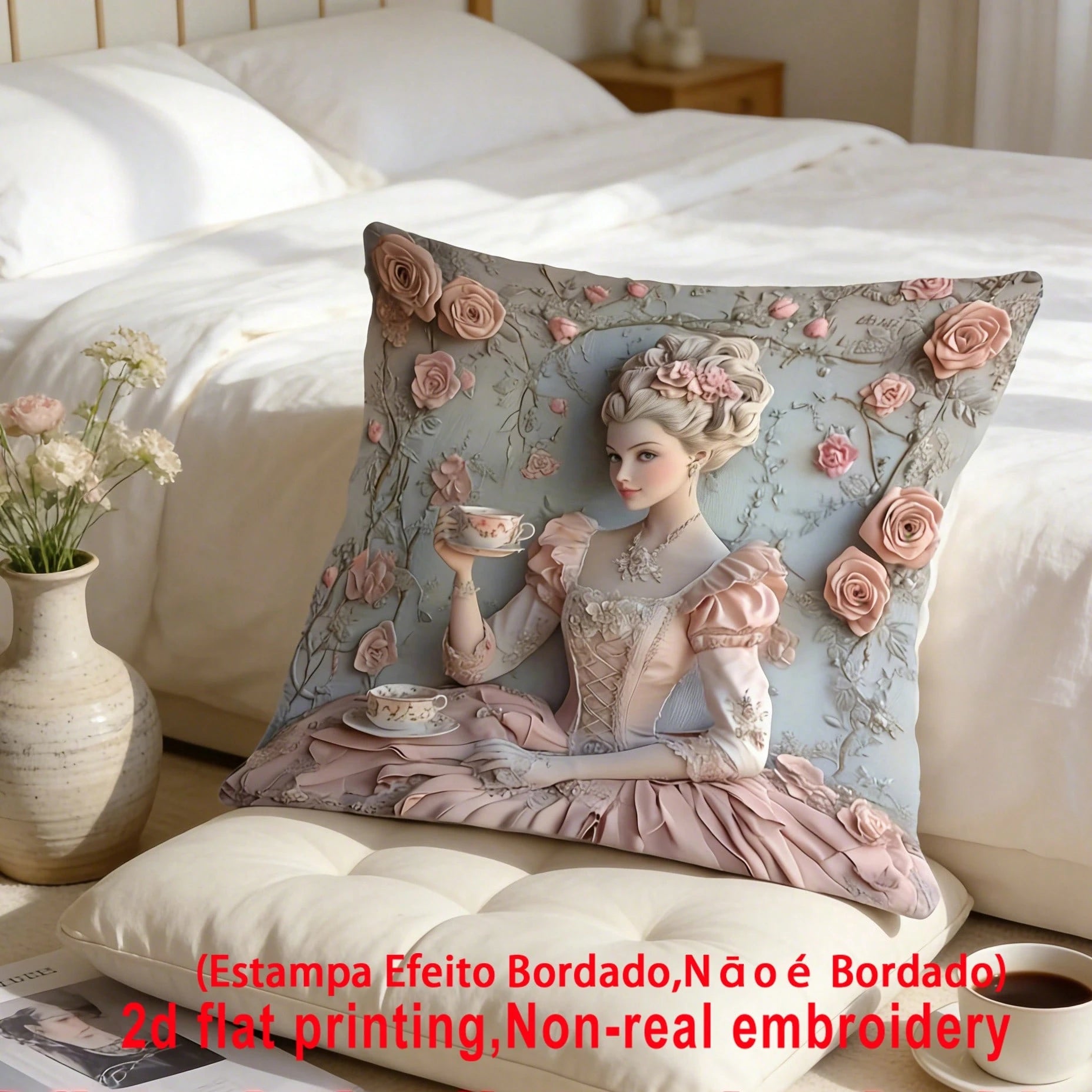 1pc French Retro Girl Cushion Cover, Palace Style 3D Embossed Rose Faux Embroidery Pillow Case, 2D Printing Not Embroidered, Atmospheric Home Decor Pillow, Bedroom Living Room Sofa Decoration
