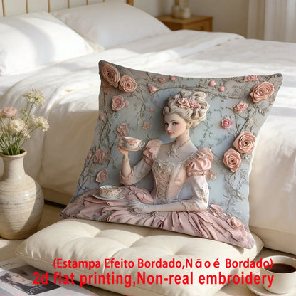 1pc French Retro Girl Cushion Cover, Palace Style 3D Embossed Rose Faux Embroidery Pillow Case, 2D Printing Not Embroidered, Atmospheric Home Decor Pillow, Bedroom Living Room Sofa Decoration