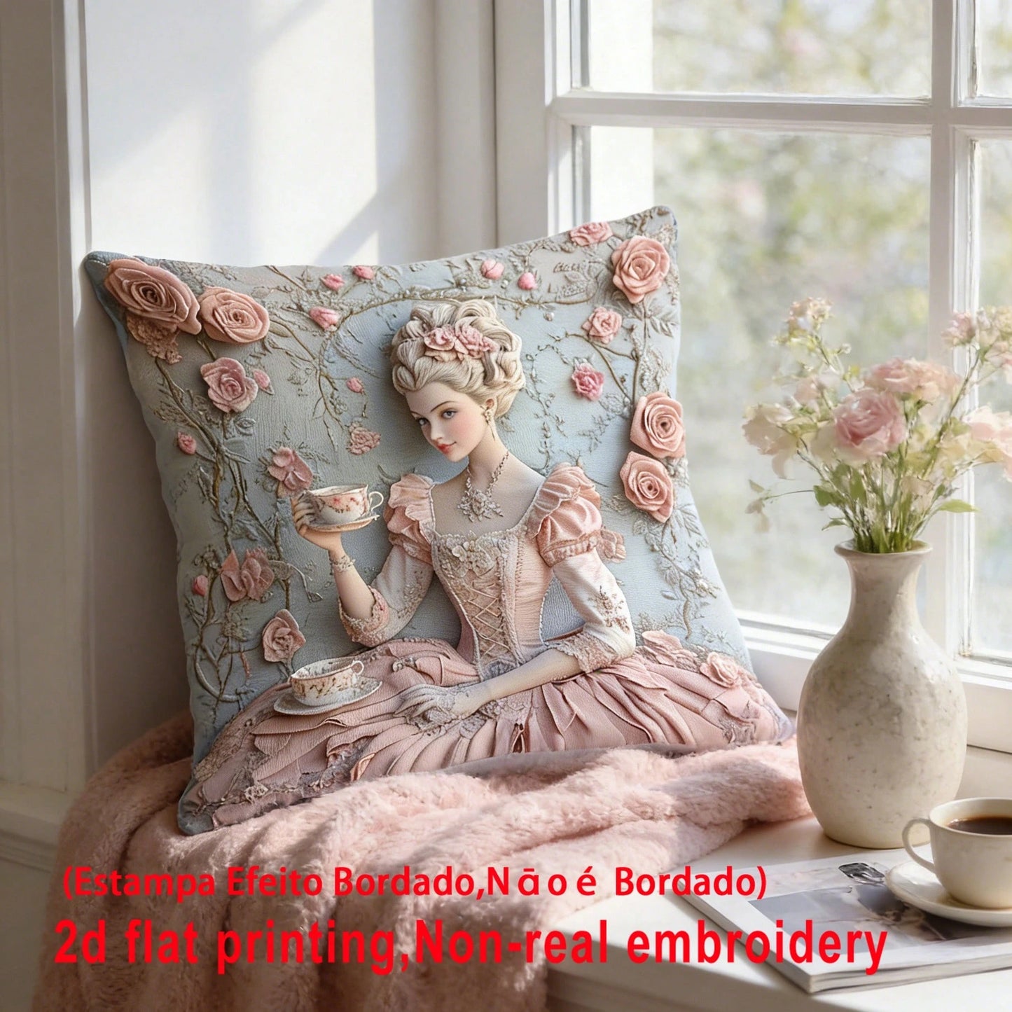 1pc French Retro Girl Cushion Cover, Palace Style 3D Embossed Rose Faux Embroidery Pillow Case, 2D Printing Not Embroidered, Atmospheric Home Decor Pillow, Bedroom Living Room Sofa Decoration