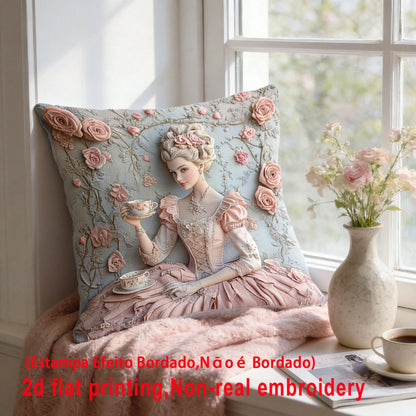 1pc French Retro Girl Cushion Cover, Palace Style 3D Embossed Rose Faux Embroidery Pillow Case, 2D Printing Not Embroidered, Atmospheric Home Decor Pillow, Bedroom Living Room Sofa Decoration
