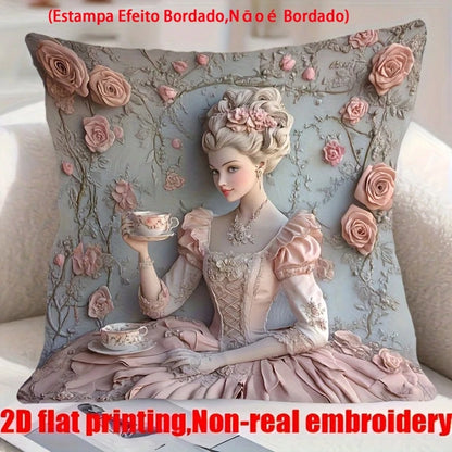 1pc French Retro Girl Cushion Cover, Palace Style 3D Embossed Rose Faux Embroidery Pillow Case, 2D Printing Not Embroidered, Atmospheric Home Decor Pillow, Bedroom Living Room Sofa Decoration