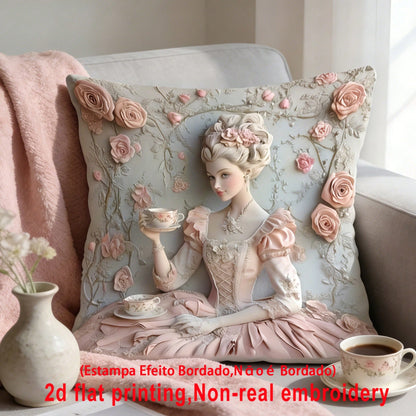 1pc French Retro Girl Cushion Cover, Palace Style 3D Embossed Rose Faux Embroidery Pillow Case, 2D Printing Not Embroidered, Atmospheric Home Decor Pillow, Bedroom Living Room Sofa Decoration